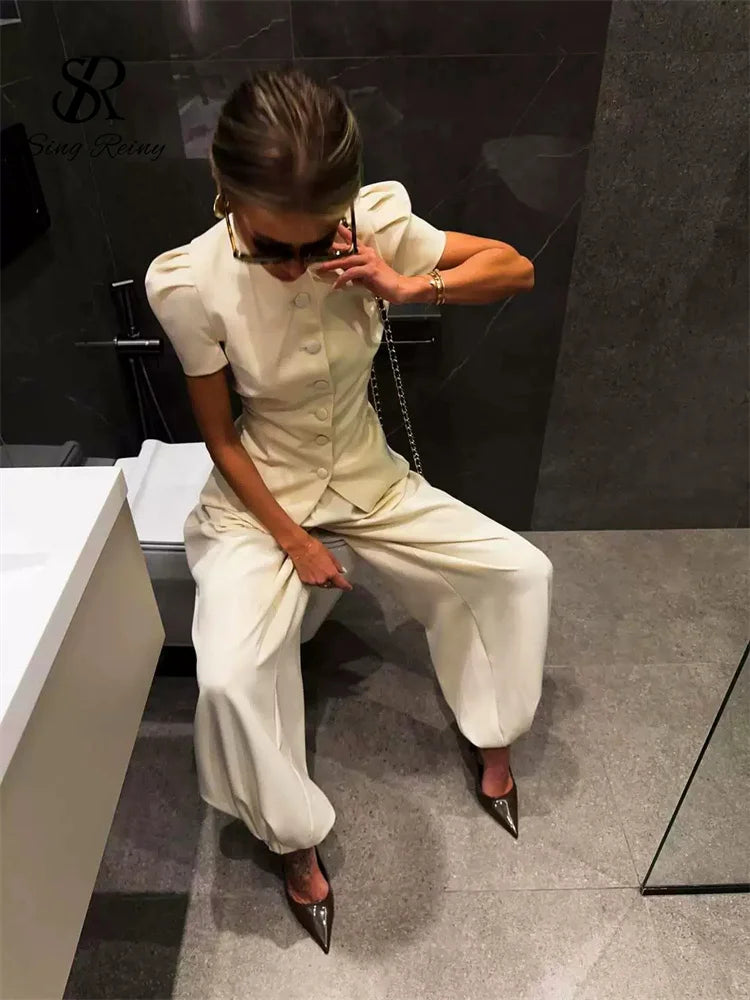 Conjunto de pantalón de 2 piezas para mujer SINGREINY: top de manga corta y cuello redondo + pantalón largo de pierna ancha, estilo urbano Y2K y elegante, colección 2026.