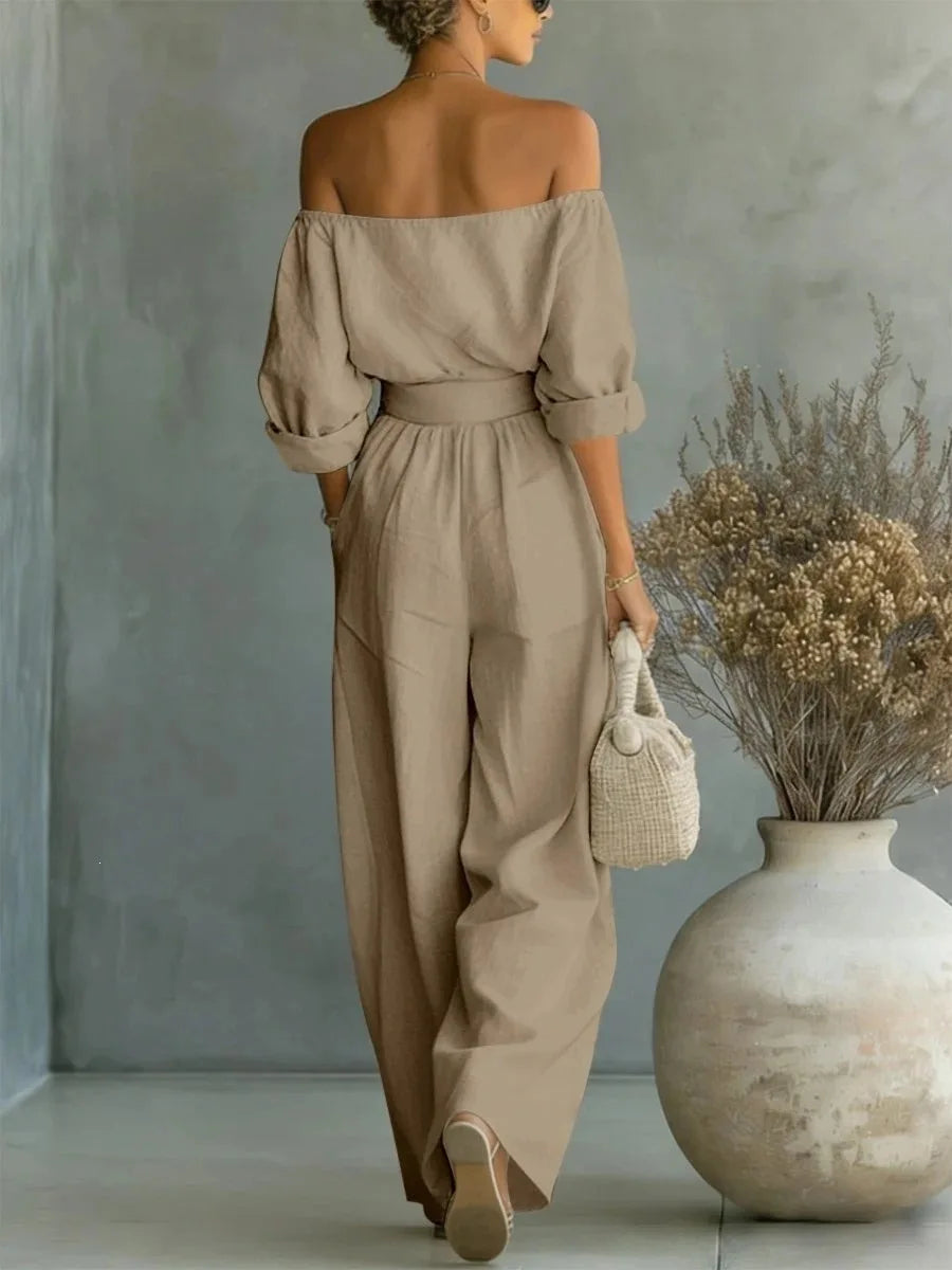 Conjunto casual de 2 piezas para mujer, nueva colección 2026, con top de hombros descubiertos y pantalón de pierna ancha. Conjunto largo y elegante, ideal para looks de verano, vacaciones y ocasiones especiales.