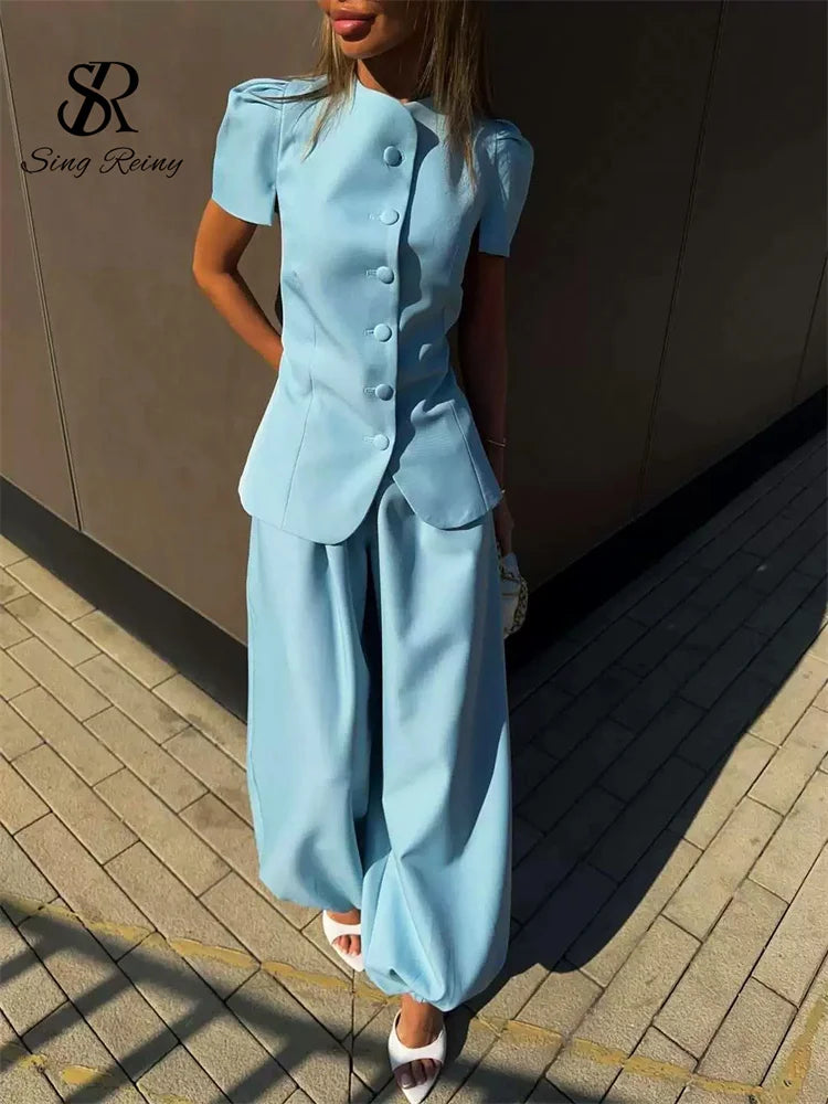 Conjunto de pantalón de 2 piezas para mujer SINGREINY: top de manga corta y cuello redondo + pantalón largo de pierna ancha, estilo urbano Y2K y elegante, colección 2026.