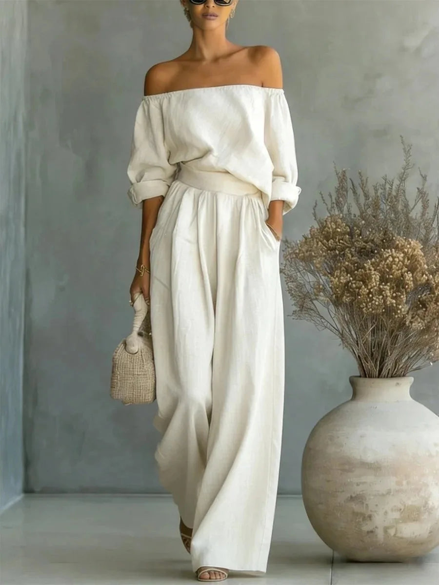 Conjunto casual de 2 piezas para mujer, nueva colección 2026, con top de hombros descubiertos y pantalón de pierna ancha. Conjunto largo y elegante, ideal para looks de verano, vacaciones y ocasiones especiales.