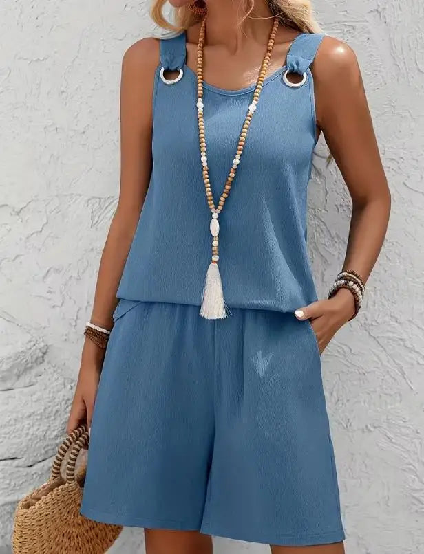 Conjunto casual de 2 piezas para mujer, verano 2026, con top de tirantes sin mangas y shorts. Nuevo conjunto a juego, elegante y moderno.