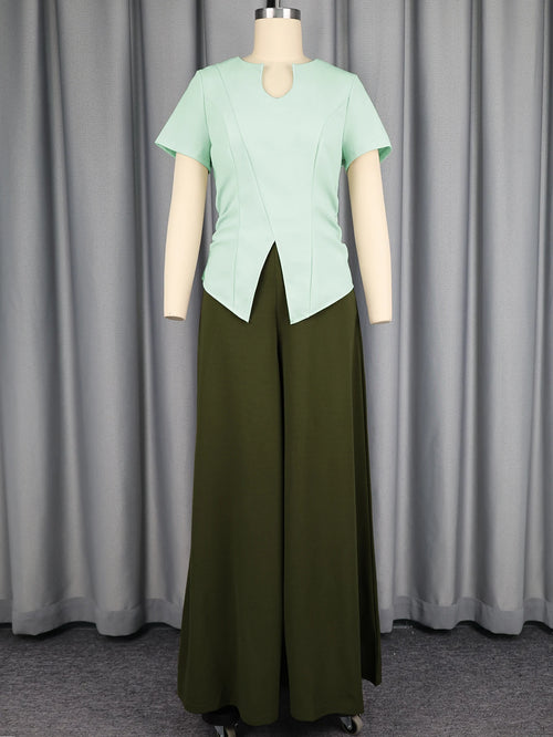 Conjunto casual de 2 piezas para mujer: top elegante de manga corta con cuello en V y pantalón de pierna ancha de cintura alta. Un conjunto sencillo, elegante y moderno para el día a día.