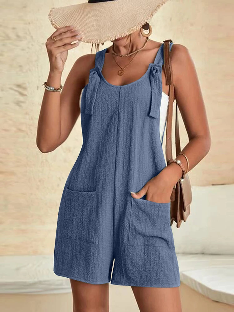 Mono corto casual de verano para mujer, elegante y de color liso, sin mangas, con tirantes ajustables y lazo, diseño vintage Harajuku, corte holgado y bolsillos.