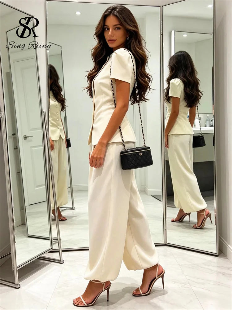 Conjunto de pantalón de 2 piezas para mujer SINGREINY: top de manga corta y cuello redondo + pantalón largo de pierna ancha, estilo urbano Y2K y elegante, colección 2026.