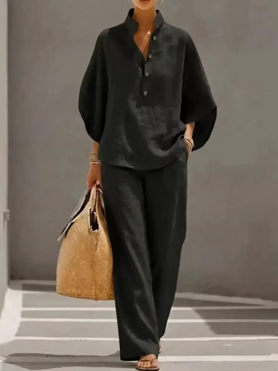 Conjunto de camisa de ocio para mujer, con un estilo relajado y desenfadado. Ideal para ir al trabajo, viajar o disfrutar de las vacaciones. Tejido ligero y ligeramente transparente.