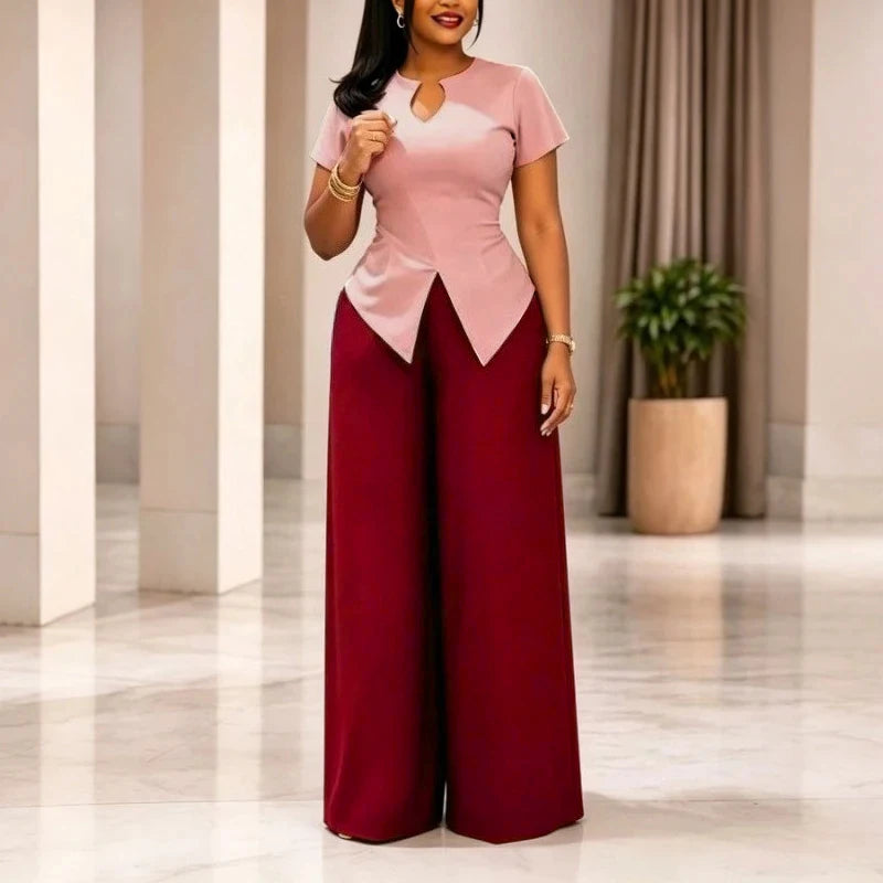 Conjunto casual de 2 piezas para mujer: top elegante de manga corta con cuello en V y pantalón de pierna ancha de cintura alta. Un conjunto sencillo, elegante y moderno para el día a día.