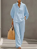 Conjunto de camisa de ocio para mujer, con un estilo relajado y desenfadado. Ideal para ir al trabajo, viajar o disfrutar de las vacaciones. Tejido ligero y ligeramente transparente.