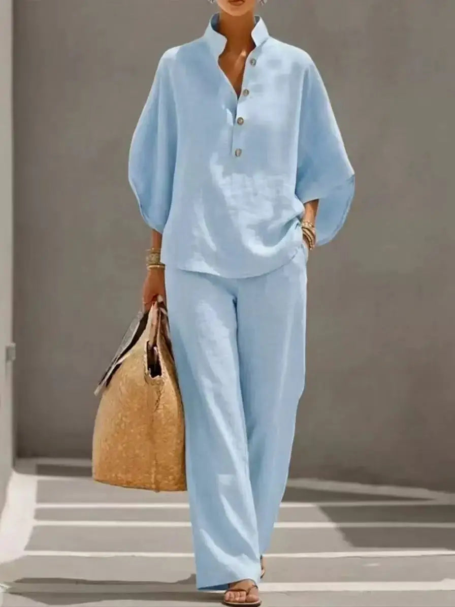 Conjunto de camisa de ocio para mujer, con un estilo relajado y desenfadado. Ideal para ir al trabajo, viajar o disfrutar de las vacaciones. Tejido ligero y ligeramente transparente.
