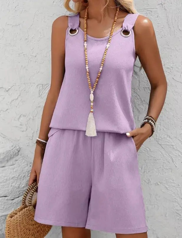 Conjunto casual de 2 piezas para mujer, verano 2026, con top de tirantes sin mangas y shorts. Nuevo conjunto a juego, elegante y moderno.