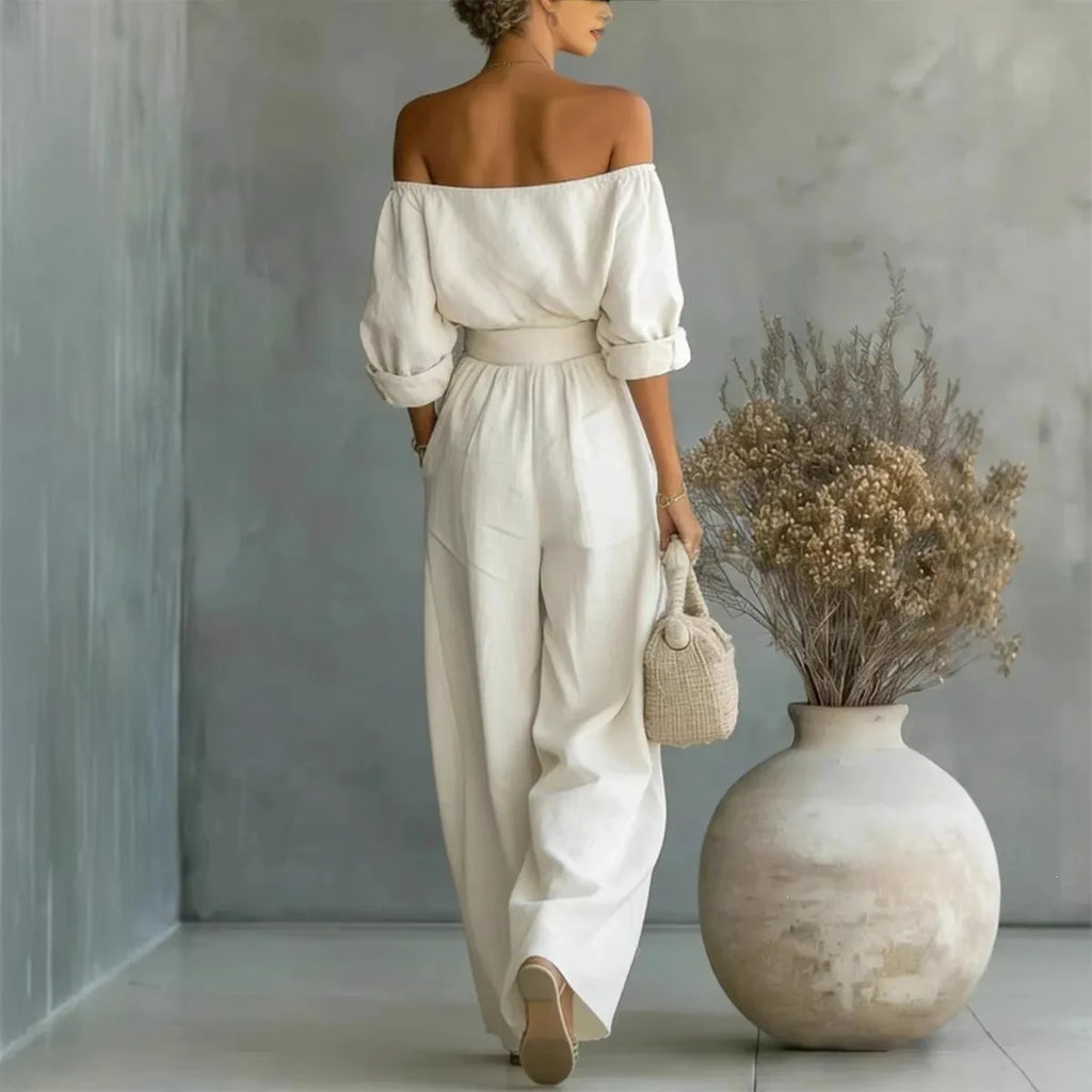 Conjunto casual de 2 piezas para mujer, nueva colección 2026, con top de hombros descubiertos y pantalón de pierna ancha. Conjunto largo y elegante, ideal para looks de verano, vacaciones y ocasiones especiales.