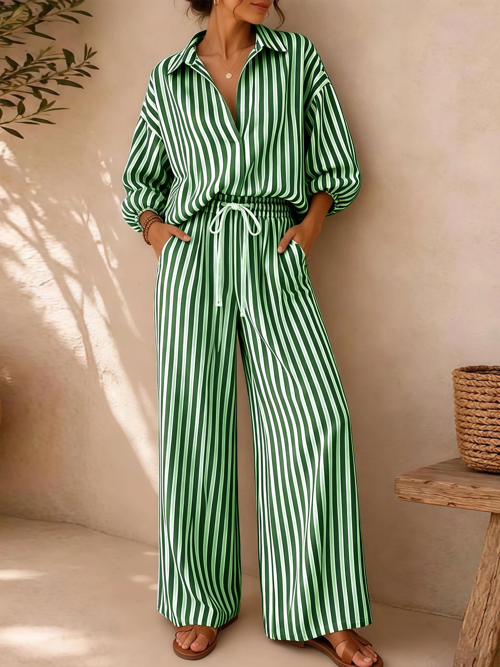🤍 Conjunto de Verano a Rayas

Top de escote en V con manga 3/4 + pantalón recto con cordón