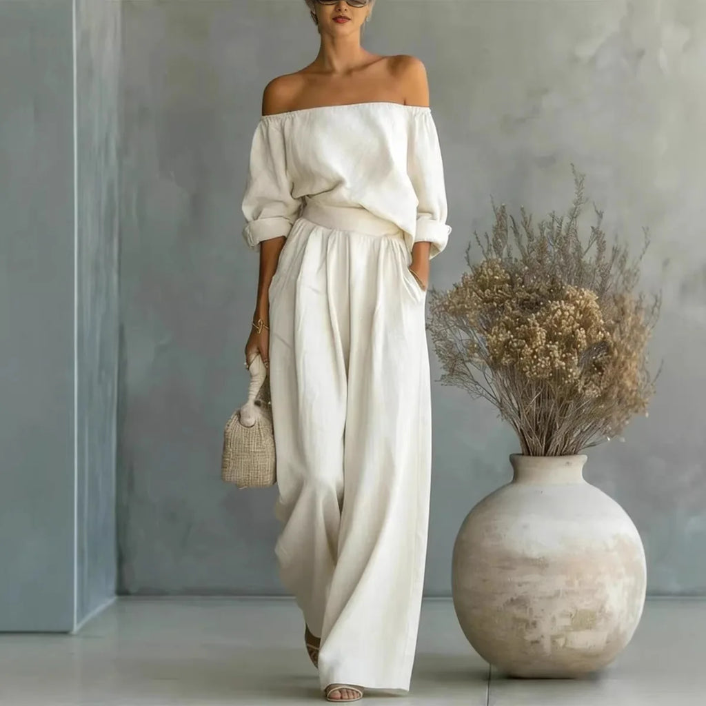 Conjunto casual de 2 piezas para mujer, nueva colección 2026, con top de hombros descubiertos y pantalón de pierna ancha. Conjunto largo y elegante, ideal para looks de verano, vacaciones y ocasiones especiales.