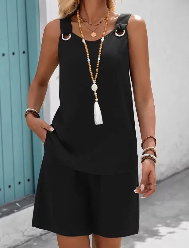 Conjunto casual de 2 piezas para mujer, verano 2026, con top de tirantes sin mangas y shorts. Nuevo conjunto a juego, elegante y moderno.