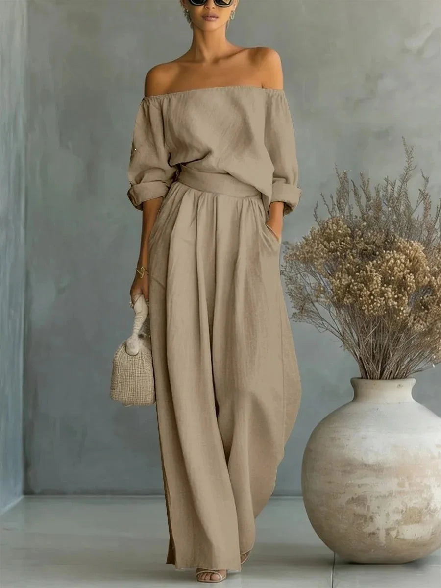 Conjunto casual de 2 piezas para mujer, nueva colección 2026, con top de hombros descubiertos y pantalón de pierna ancha. Conjunto largo y elegante, ideal para looks de verano, vacaciones y ocasiones especiales.