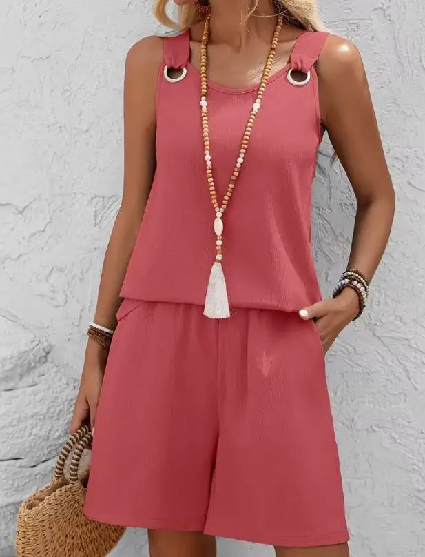 Conjunto casual de 2 piezas para mujer, verano 2026, con top de tirantes sin mangas y shorts. Nuevo conjunto a juego, elegante y moderno.