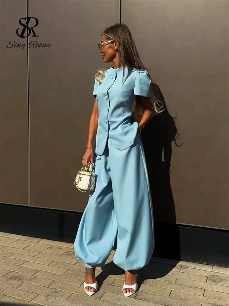 Conjunto de pantalón de 2 piezas para mujer SINGREINY: top de manga corta y cuello redondo + pantalón largo de pierna ancha, estilo urbano Y2K y elegante, colección 2026.