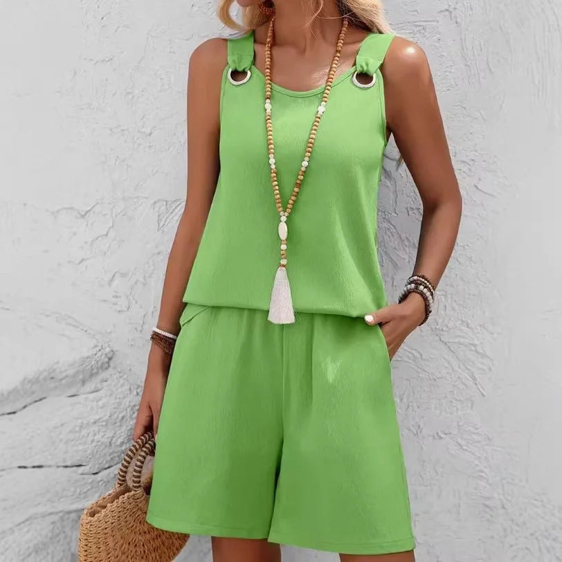 Conjunto casual de 2 piezas para mujer, verano 2026, con top de tirantes sin mangas y shorts. Nuevo conjunto a juego, elegante y moderno.